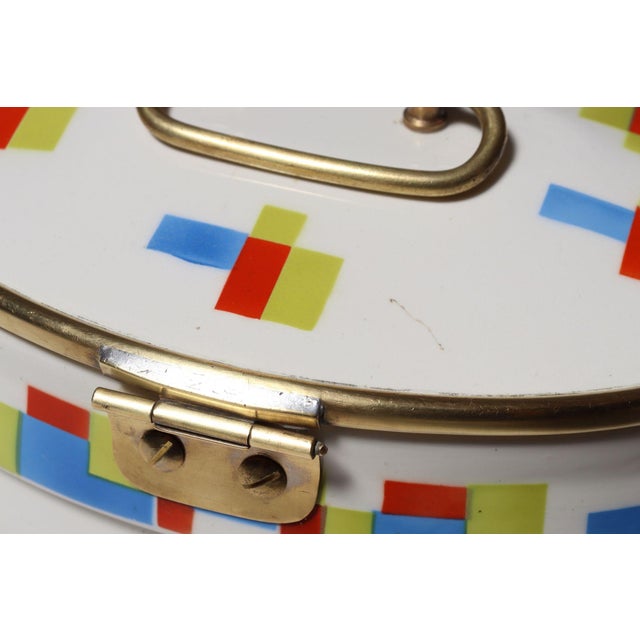 German Art Deco Ceramic and Brass Biscuit Tin With Geometric Motif For Sale - Image 18 of 18
