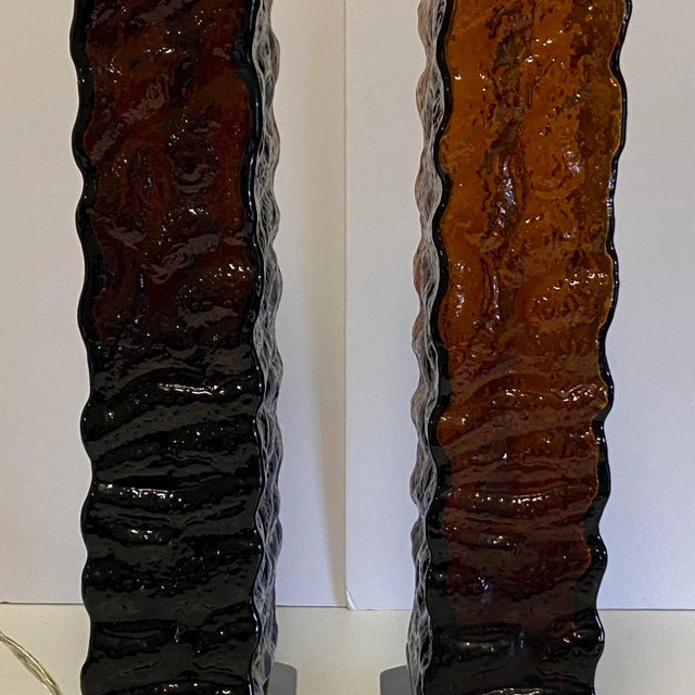 Amber-Brown Textured Wavy Glass Table Lamps in the Mid-Century Modern Taste - A Pair For Sale In Richmond - Image 6 of 12