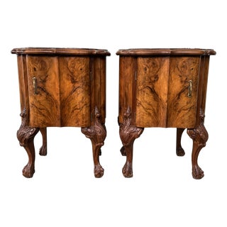 Vintage Walnut Bedside Tables with Marble Top, 1930s, Set of 2 For Sale