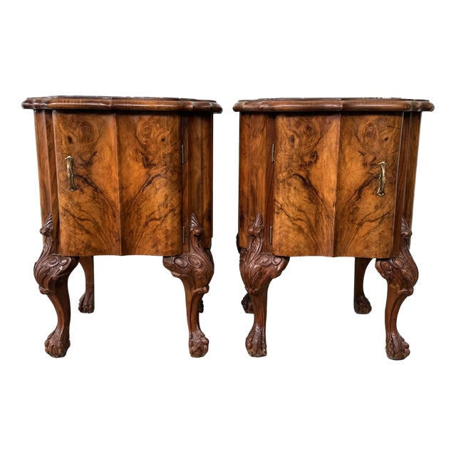 Vintage Walnut Bedside Tables with Marble Top, 1930s, Set of 2 For Sale
