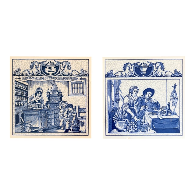 Dutch Delft Blue and White Porcelain Tiles With Medical Scenes, Pair For Sale