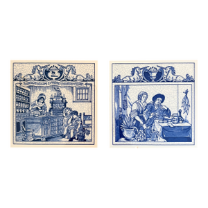 Dutch Delft Blue and White Porcelain Tiles With Medical Scenes, Pair