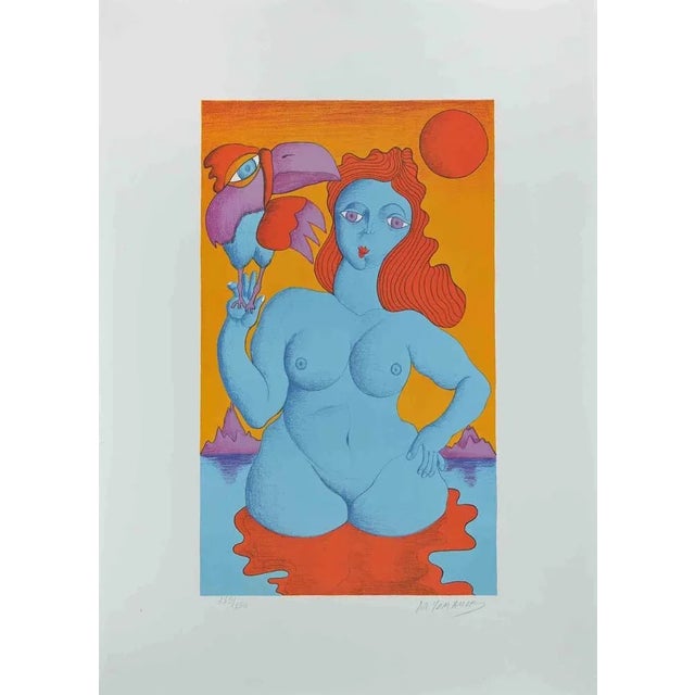 Woman With Parrot is a very colorful lithograph realized by the artist Michael Ciomakov in the 1970s . Hand-signed in...