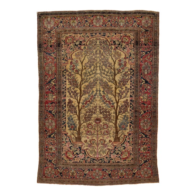 Unique Handmade Antique Persian Isfahan Wool Rug in Tan With Allover Design For Sale