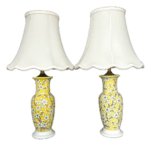 Vintage Yellow Porcelain Lamps Hand-Painted Cherry Blossom Design With Scalloped Ivory Shades a Pair