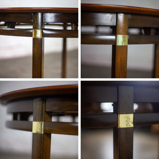 Mid-20th Century MCM to Campaign Style Round to Oval Expanding Dining Table Attributed to Tung Si Collection by Hickory Manufacturing For Sale - Image 15 of 18