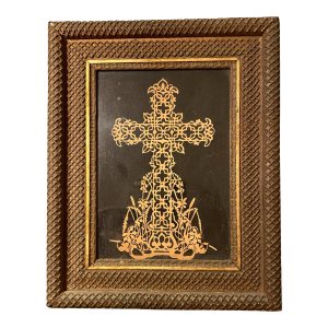 Antique American Punch Paper Lacework Celtic Cross Original Ornate Gesso Frame