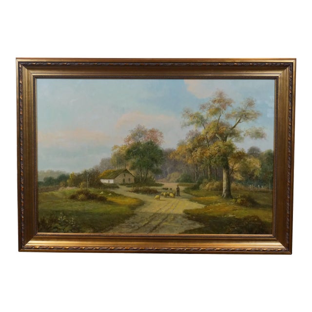 L Stepano European 20thC Pastoral Landscape Oil Painting Sheep Farm Cottage 42" For Sale