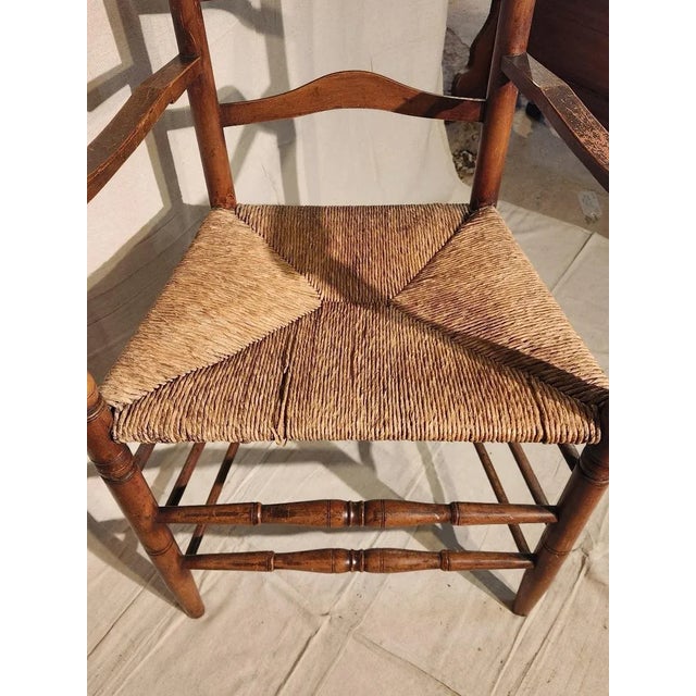 Brown Antique Large Ladder Back Chair With Rush Seat For Sale - Image 8 of 10