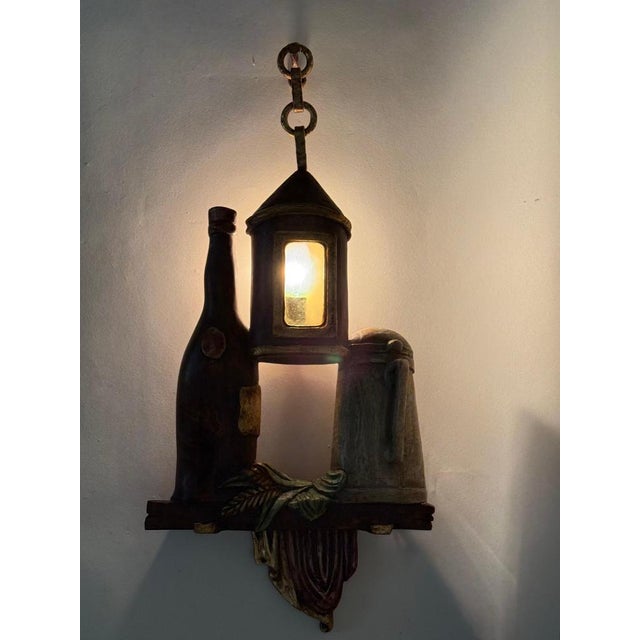 1970s Italian Murano Glass Beer Lantern Wall Light in Hand-Carved Wood, 1970s For Sale - Image 5 of 18