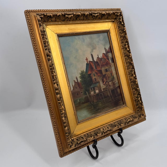 Wood Antique European Harbor Village Oil Painting in Ornate Gilt Frame For Sale - Image 7 of 12