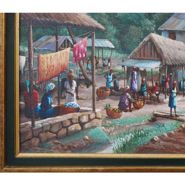 Late 20th Century Late 20th Century Modern Realist Green and Blue-Toned Rural Village Market Landscape Painting byJean-Felix Defournoy For Sale - Image 4 of 12