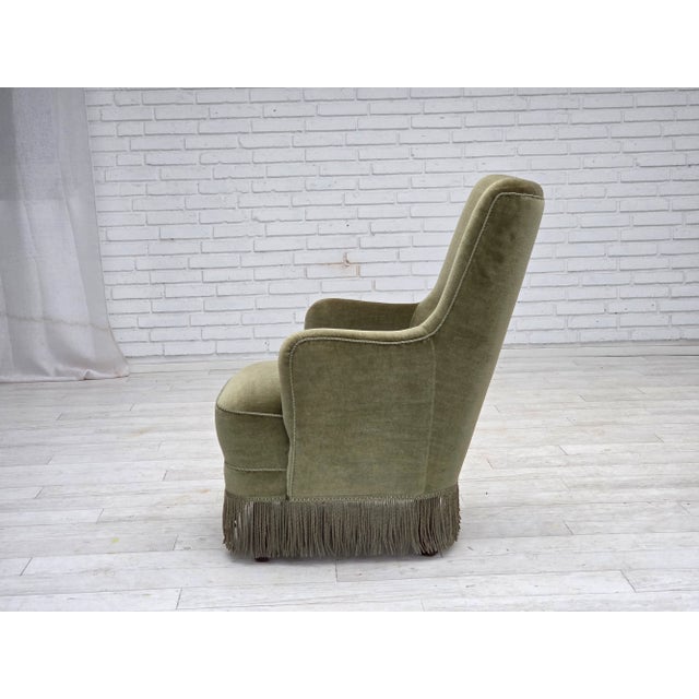 Danish Highback Armchair in Green Furniture Velour, 1970s For Sale - Image 10 of 17