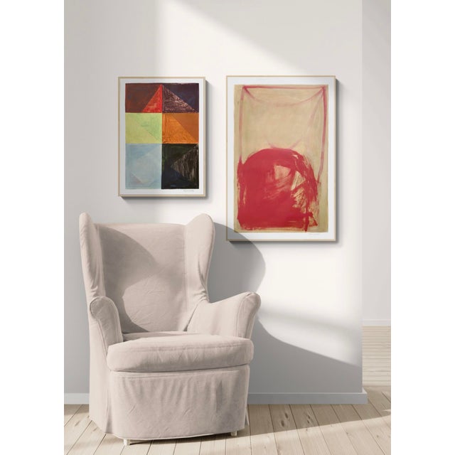 This piece features an explosion of red on a background of beige paint, which washes over partially exposed red lines in...