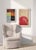 This piece features an explosion of red on a background of beige paint, which washes over partially exposed red lines in...