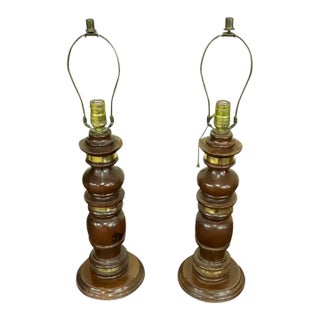 Pair of Mid Century Wood and Brass Lamps For Sale