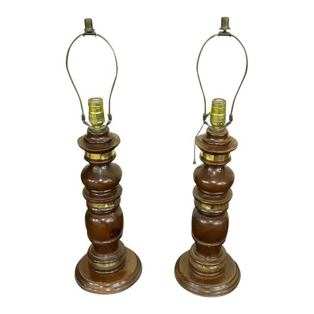 Pair of Mid Century Wood and Brass Lamps For Sale
