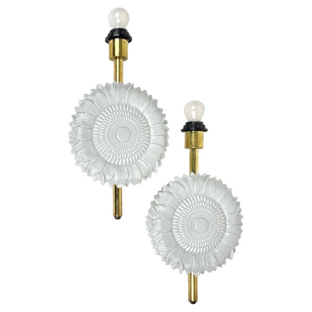 White White Ceramic & Brass Wall Light Sconces, Italy, 1970s, Set of 2 For Sale - Image 8 of 8
