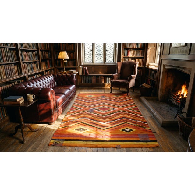 1890s Small Yellow Antique Rustic Tribal Native American Navajo Flat Weave Rug For Sale - Image 11 of 12