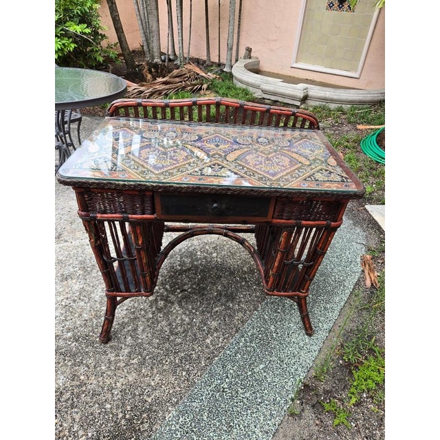 Rare Signed Karpen Furniture Arts & Crafts Woven Reed Desk & Chair sold as found in good vintage condition showing some...