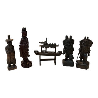 Vintage Instant Collection of Wooden Asian Figures and Ship on Stand- Set of 6 For Sale