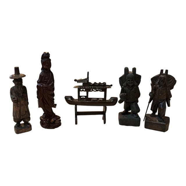 Vintage Instant Collection of Wooden Asian Figures and Ship on Stand- Set of 6 For Sale