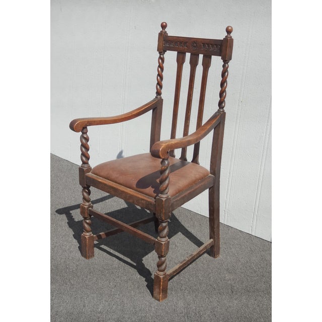 French Country Vintage French Country Brown Oak Barley Twist Arm Chair For Sale - Image 3 of 16