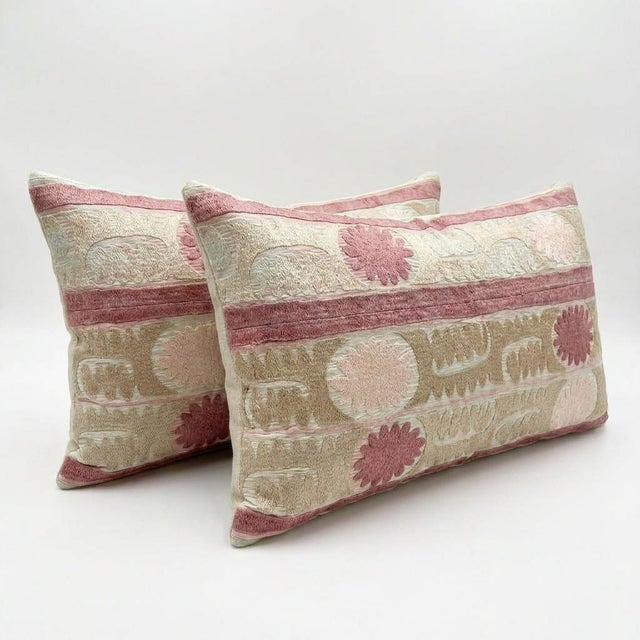 Mid-Century Modern Embroidered Suzani Bedding Pillow Cover 15'' X 36'' - Set of Two For Sale - Image 3 of 5