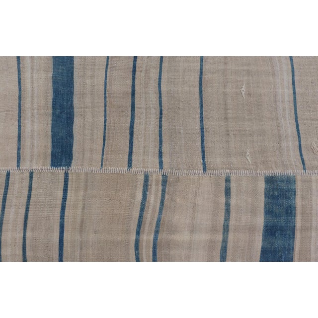 Textile Vintage Turkish Kilim Rug With Blue and Cream Stripes 8'0"x14'2" For Sale - Image 7 of 10