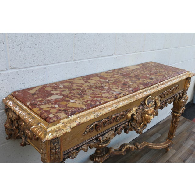 Antique Italian Baroque Giltwood Console Tables With Breccia Marble Tops | Pair | Circa 1900s For Sale In Los Angeles - Image 6 of 18
