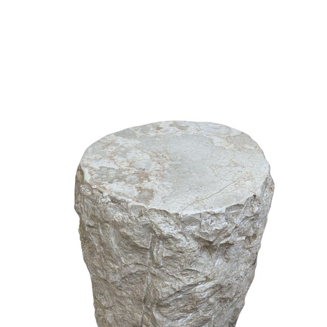 Natural Solid Marble Side Table Chiselled Finish, Smooth Top, Modern Organic For Sale - Image 4 of 7