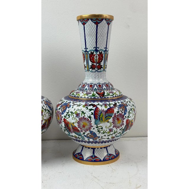 Pair of Chinese Cloisonne Enamel Vases Lotus White and Floral Butterflies For Sale - Image 4 of 10