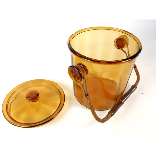 Brown Art Glass Lidded Ice Bucket with Rattan Cane Handle, Austria, 1960's For Sale - Image 8 of 11
