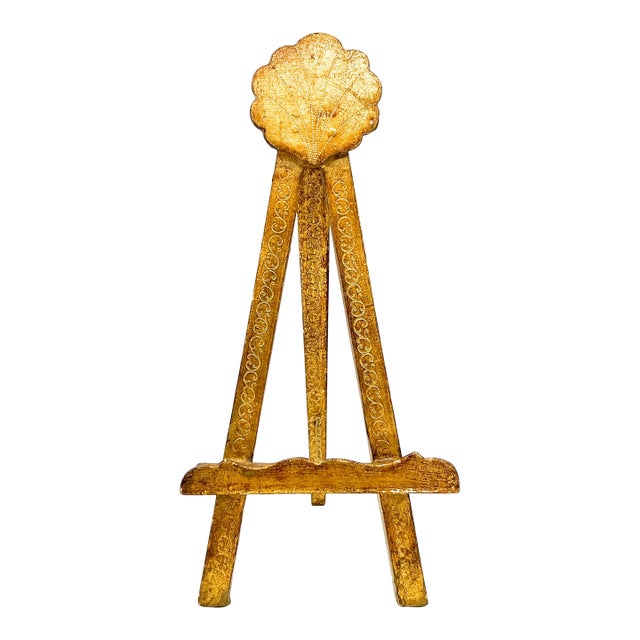 Vintage Italian Florentine Italian Gold Giltwood Shell Motif Easel, Hand-Carved Gold Leaf Display Stand - Hollywood Regency For Sale