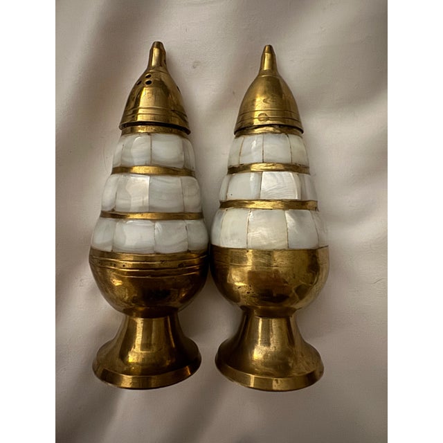 Mid 20th Century Antique Mother of Pearl & Brass Salt & Pepper Shakers For Sale - Image 5 of 6