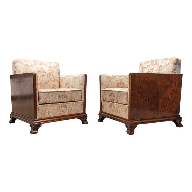 Vintage Swedish Grace Club Chairs with Tiger Wooden Side Panels and Jacquard, 1930s, Set of 2 For Sale