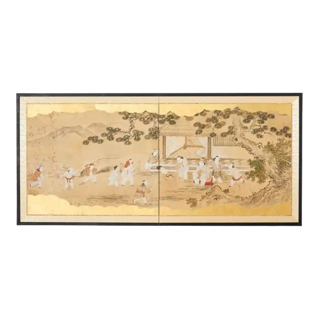 19th Century Japanese Edo Screen Kano School Garden Terrace For Sale