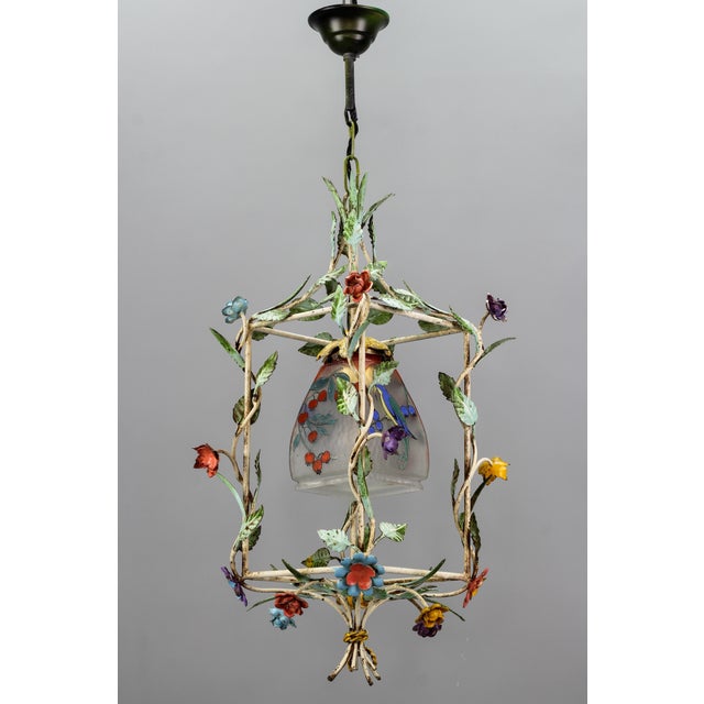 1950s French Tole and Glass Polychrome Pastel Flower Cage Pendant Light, 1950s For Sale - Image 5 of 18