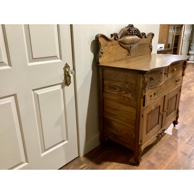Brown Antique Solid Oak 1800's Sideboard Buffet Cupboard Fancy Carving All Original For Sale - Image 8 of 11