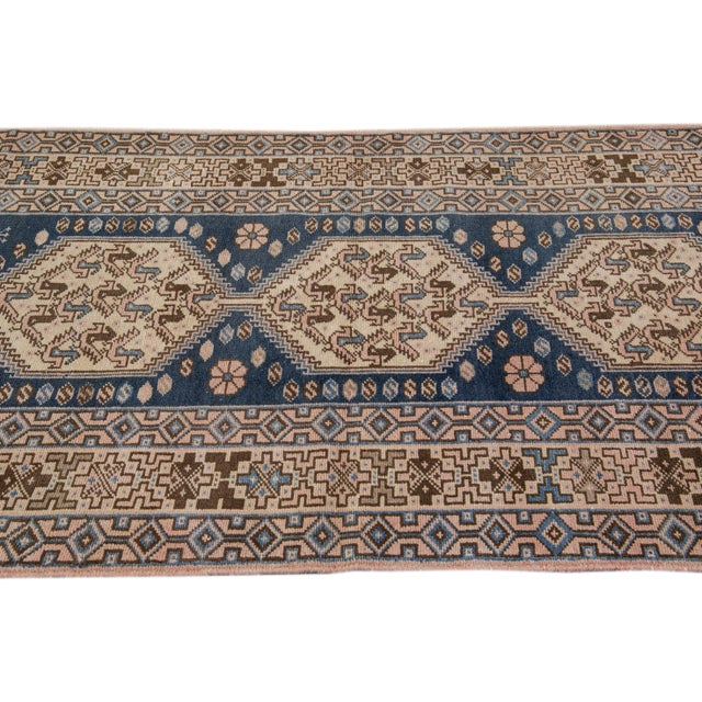 Textile 1960s Vintage Distressed Handmade Geometric Blue Wool Runner For Sale - Image 7 of 9