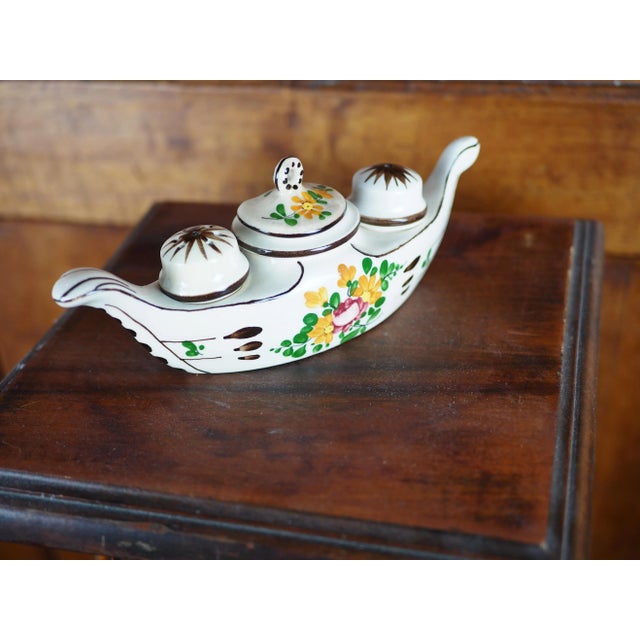 Mid 20th Century Mid 20th Ceramic Mustard Pot, Pepper Pot and Salt Cellar in the Shape of a Flowery Gondola For Sale - Image 5 of 12