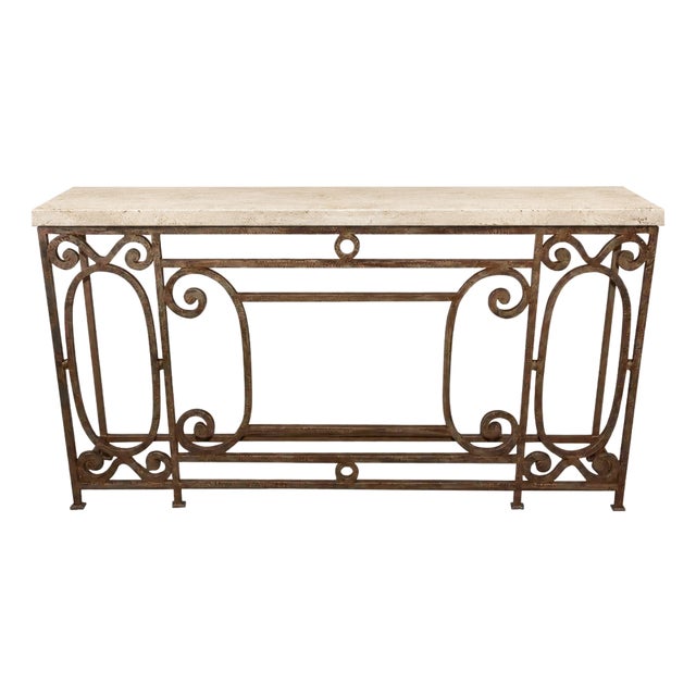 Decorate Iron Console With Travertine Top For Sale