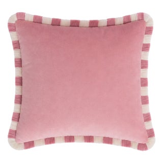 Bicolor Light Pink Velvet Cushion with Light Pink and White Fringes by Lo Decor For Sale