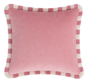 Bicolor Light Pink Velvet Cushion with Light Pink and White Fringes by Lo Decor