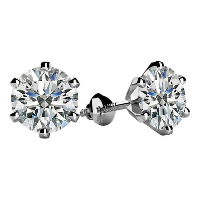 1.0 Carat Diamond Solitaire Stud Earrings 6 Prongs Screw Back 18 Kt White Gold For Sale