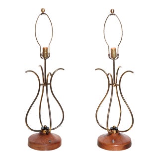Tall Brass, Walnut & Lucite "Scroll" Style Table Lamps, 1950's - A Pair For Sale