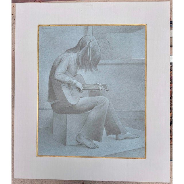 1970s Original Signed Henderson "Study for Guitar" Pencil and White Wash Sketch in Grey Linen and Gold Matting For Sale - Image 13 of 14