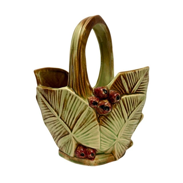 American Vintage McCoy Pottery Leaves & Berries Art Pottery Basket Planter/Vase. For Sale - Image 3 of 8