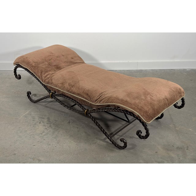 Mid 20th Century Vintage French Twisted Rope Wrought Iron Bench With Taupe Cushion For Sale - Image 5 of 12