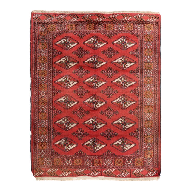Vintage Turcoman Handwoven Rug – Red Diamond Medallion Design -3' 7'' X 4' 4'' For Sale